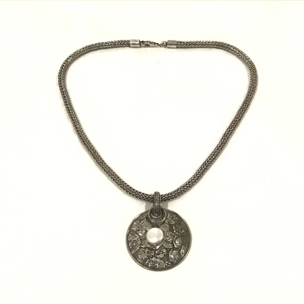 SILPADA Sterling Silver Spiga Wheat Chain w/Coin Disk & Pearl Pendant Necklace